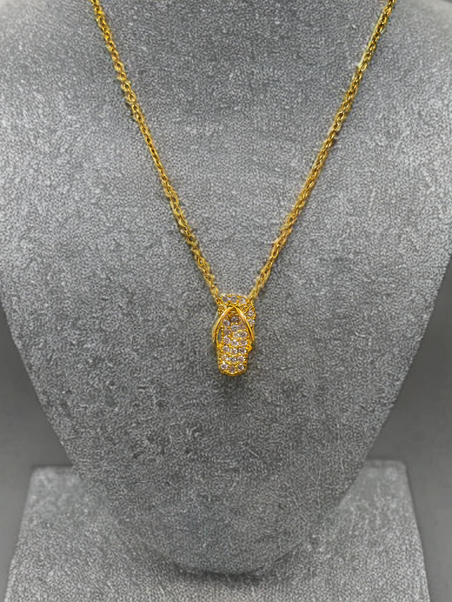 Gold-Plated Flip-Flop Pendant Necklace – Stainless Steel with CZ Stones Kiei - 1004